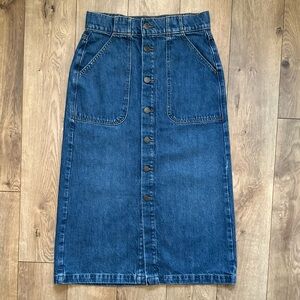 FRAME Modern Pocket Midi Denim Skirt | October Wash | Size 27 | Button Front